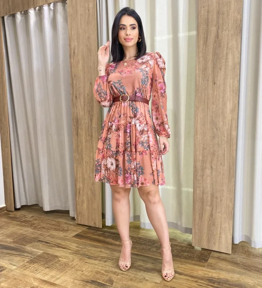 Vestido Curto Manga Longa Tule Estampado Rosé - Fernanda Ramos Store
