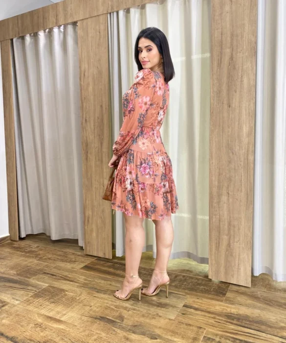 Vestido Curto Manga Longa Tule Estampado Rosé - Fernanda Ramos Store