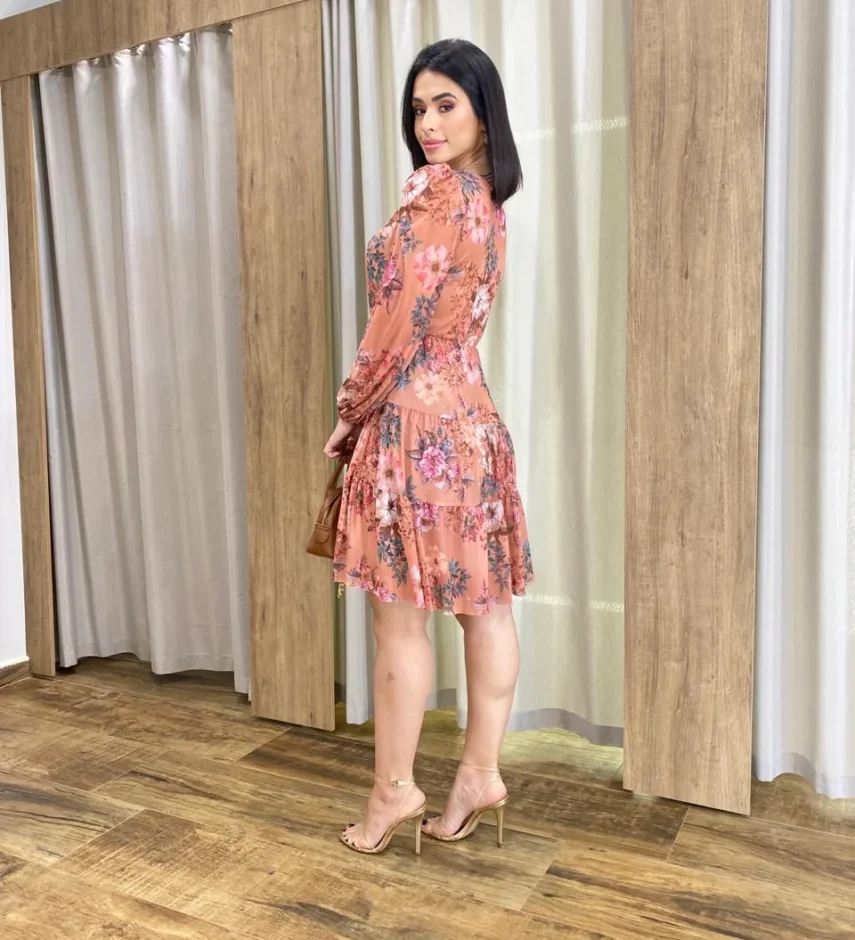 Vestido Curto Manga Longa Tule Estampado Rosé - Fernanda Ramos Store