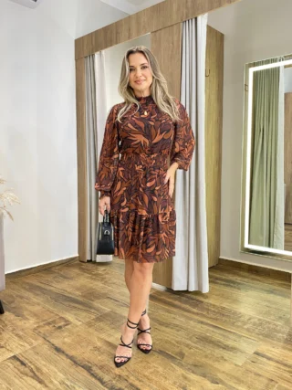 Vestido Curto Manga Longa Tule Folhagem Fundo Preto - Fernanda Ramos Store