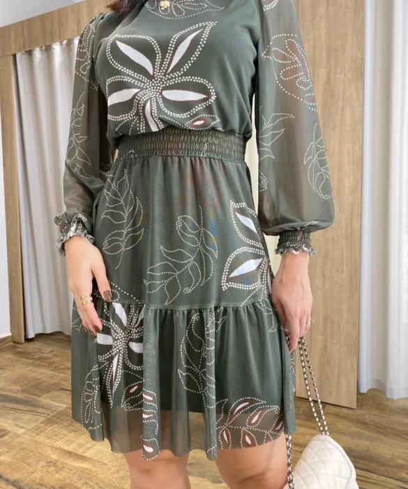 Vestido Curto Manga Longa Tule Gola Alta Estampado Verde - Fernanda Ramos Store