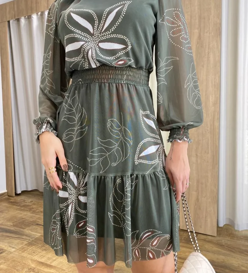 Vestido Curto Manga Longa Tule Gola Alta Estampado Verde - Fernanda Ramos Store
