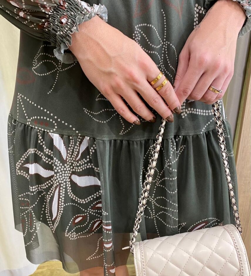 Vestido Curto Manga Longa Tule Gola Alta Estampado Verde - Fernanda Ramos Store