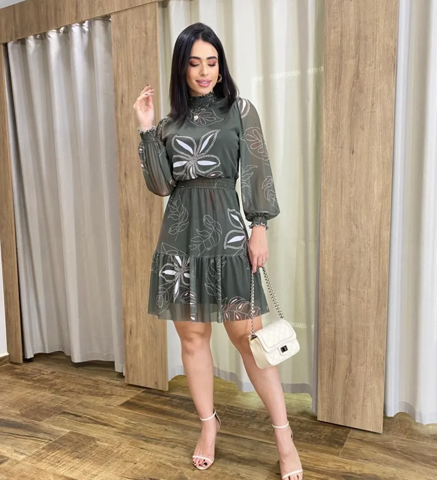 Vestido Curto Manga Longa Tule Gola Alta Estampado Verde - Fernanda Ramos Store