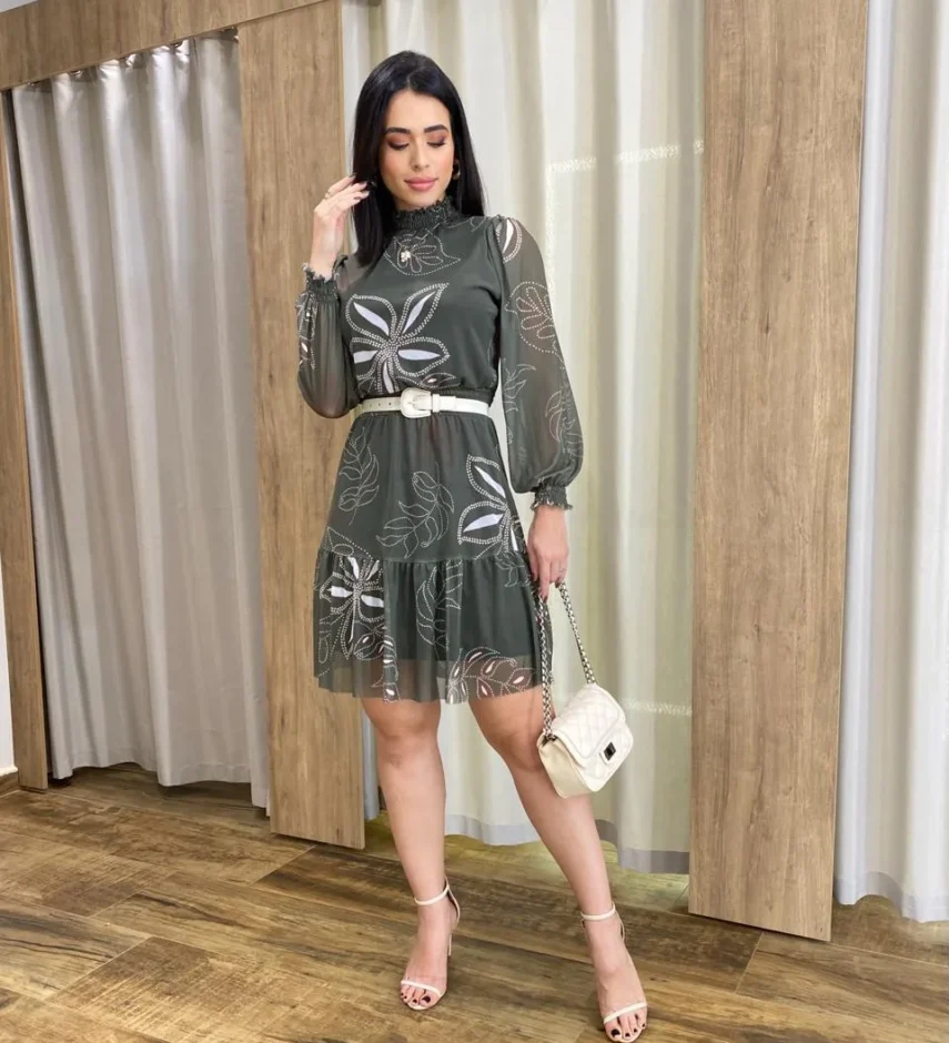 Vestido Curto Manga Longa Tule Gola Alta Estampado Verde - Fernanda Ramos Store