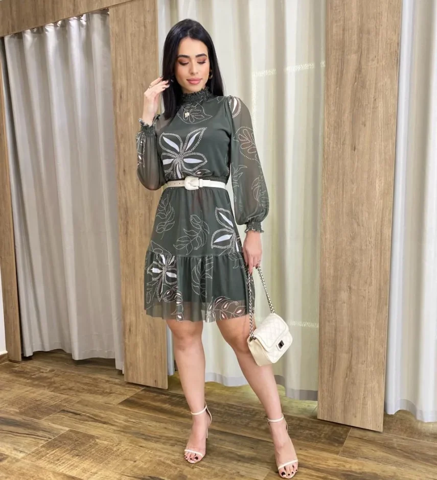 Vestido Curto Manga Longa Tule Gola Alta Estampado Verde - Fernanda Ramos Store