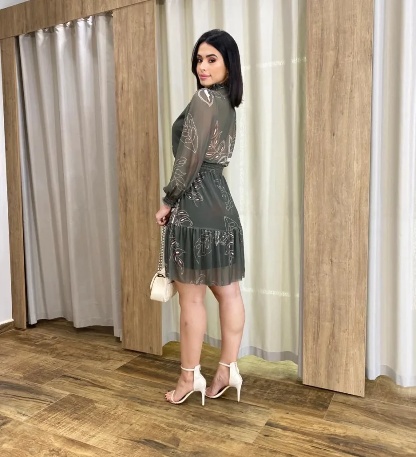 Vestido Curto Manga Longa Tule Gola Alta Estampado Verde - Fernanda Ramos Store