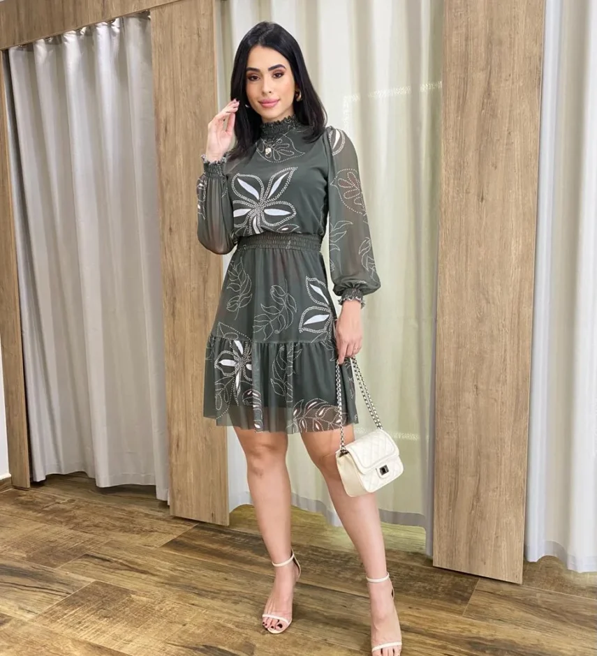 Vestido Curto Manga Longa Tule Gola Alta Estampado Verde - Fernanda Ramos Store