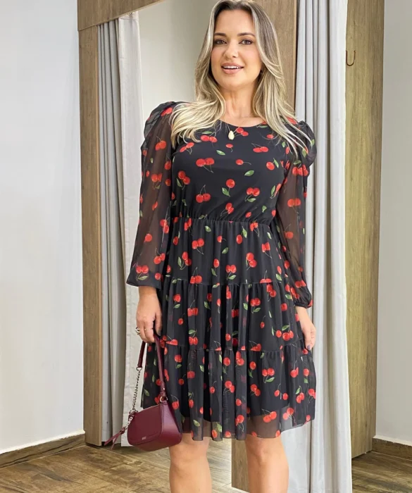 Vestido Curto Manga Longa Tule Preto com Estampa de Cerejas - Fernanda Ramos Store