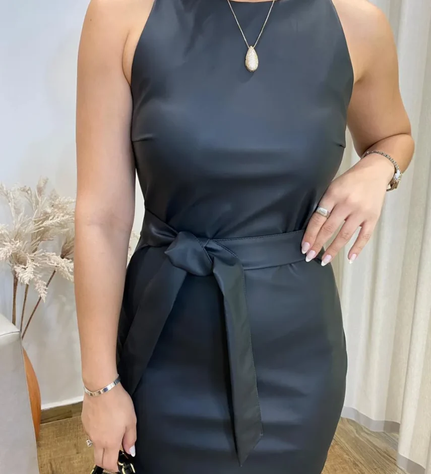 Vestido Feminino Curto Lari sem Bojo Couro Eco com Amarração - Fernanda Ramos Store
