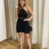 Vestido Feminino Curto sem Bojo com Amarração no Pescoço Preto - Fernanda Ramos Store