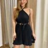 Vestido Feminino Curto sem Bojo com Amarração no Pescoço Preto - Fernanda Ramos Store