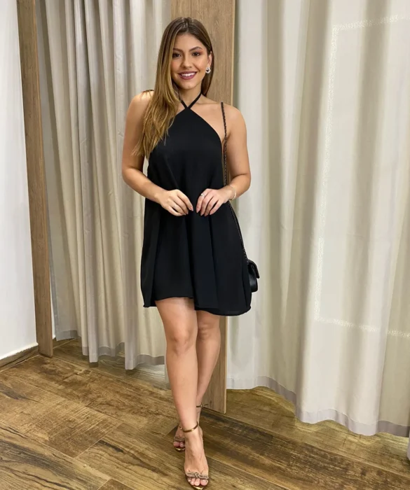 Vestido Feminino Curto sem Bojo com Amarração no Pescoço Preto - Fernanda Ramos Store