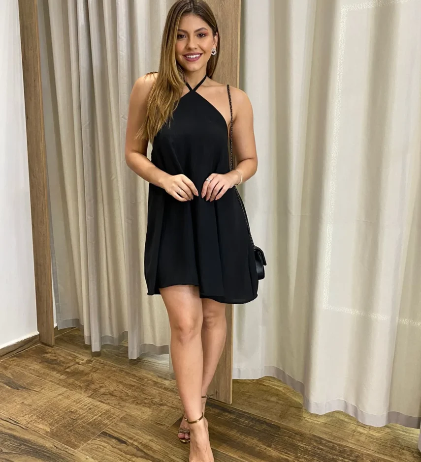 Vestido Feminino Curto sem Bojo com Amarração no Pescoço Preto - Fernanda Ramos Store