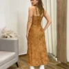 Vestido Feminino Midi sem Bojo Suede Bordado Floral Caramelo - Fernanda Ramos Store