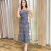 Vestido Feminino Midi sem Bojo Suede Bordado Floral Cinza - Fernanda Ramos Store