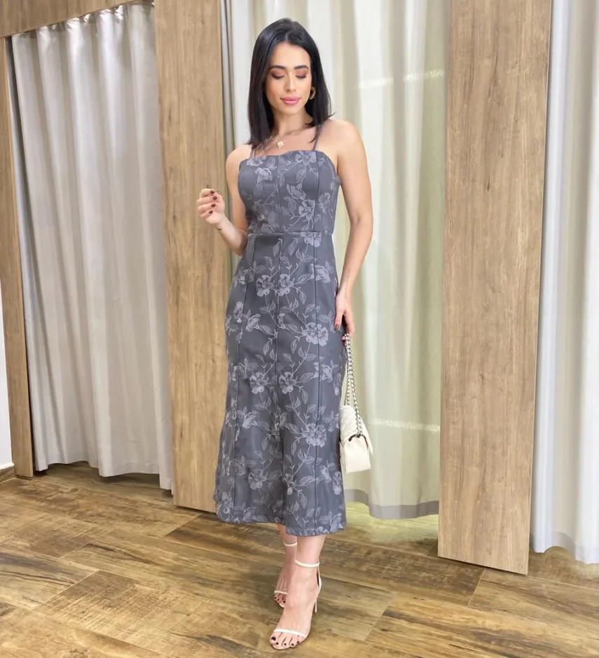 Vestido Feminino Midi sem Bojo Suede Bordado Floral Cinza - Fernanda Ramos Store