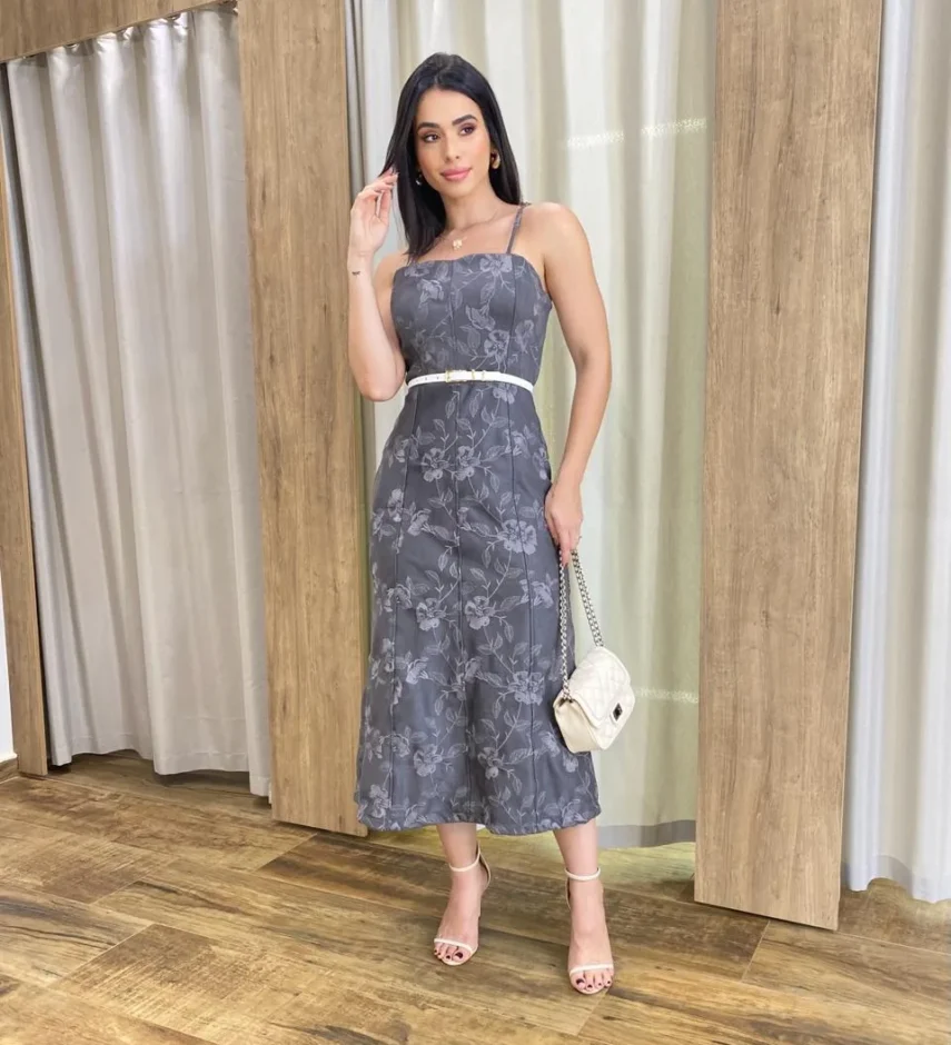 Vestido Feminino Midi sem Bojo Suede Bordado Floral Cinza - Fernanda Ramos Store