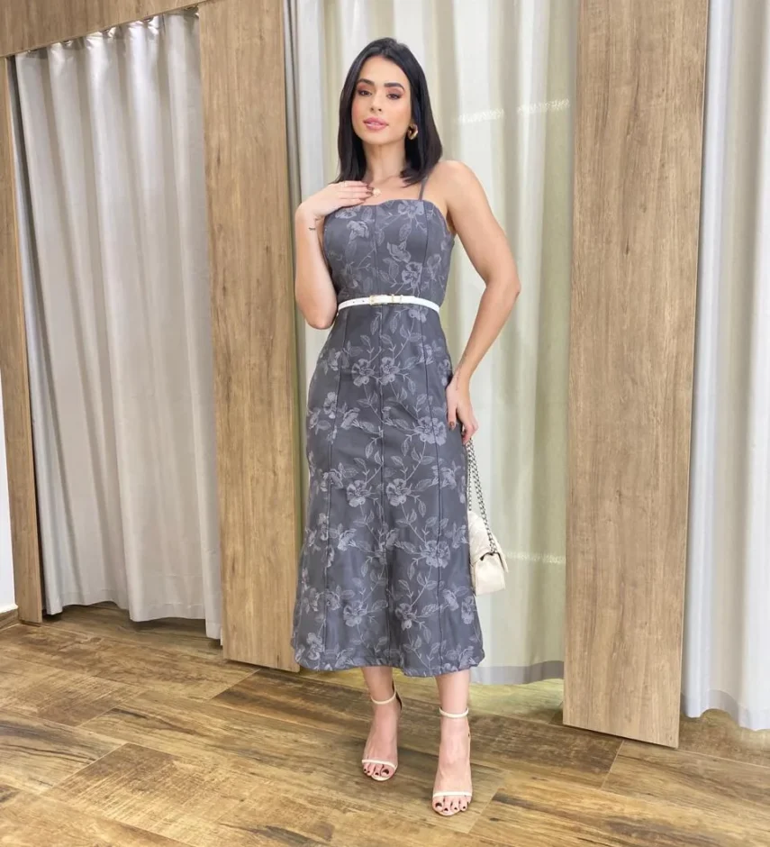 Vestido Feminino Midi sem Bojo Suede Bordado Floral Cinza - Fernanda Ramos Store