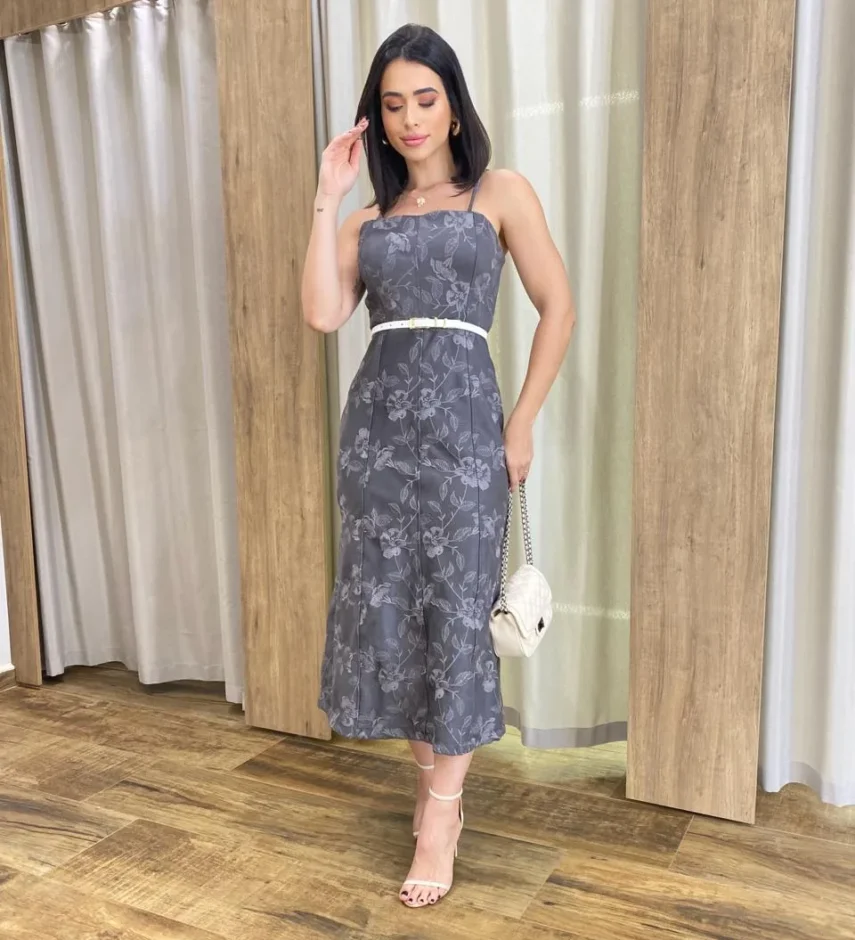 Vestido Feminino Midi sem Bojo Suede Bordado Floral Cinza - Fernanda Ramos Store