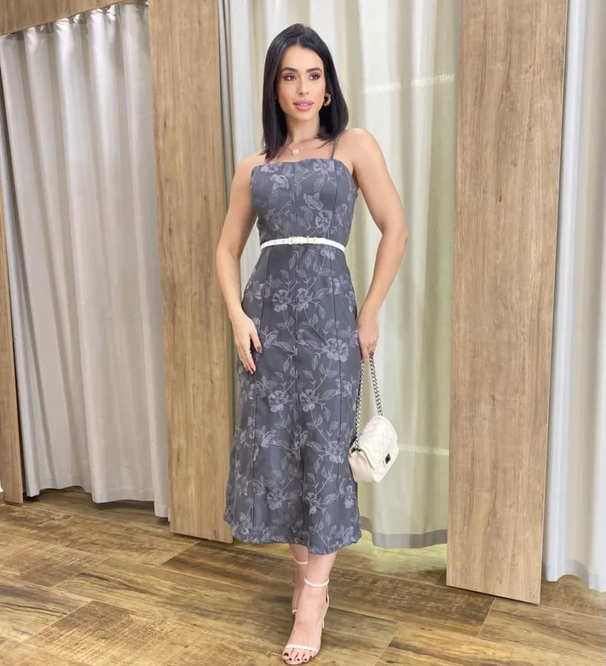 Vestido Feminino Midi sem Bojo Suede Bordado Floral Cinza - Fernanda Ramos Store