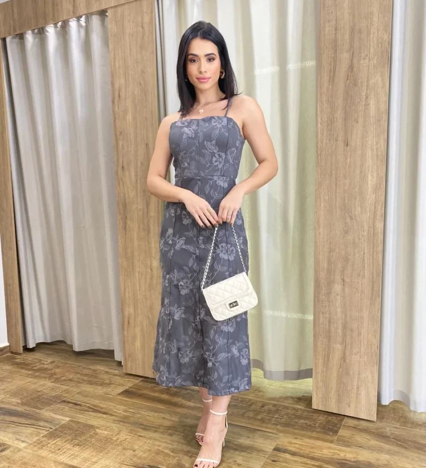 Vestido Feminino Midi sem Bojo Suede Bordado Floral Cinza - Fernanda Ramos Store