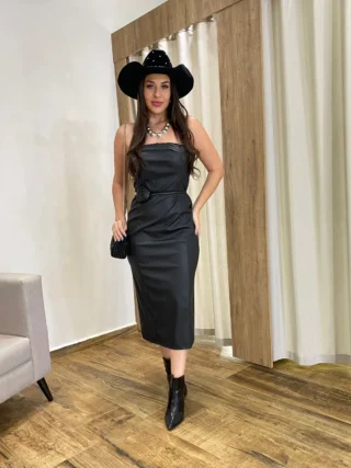 Vestido Feminino Midi Tomara que Caia com Bojo Couro Eco Preto - Fernanda Ramos Store