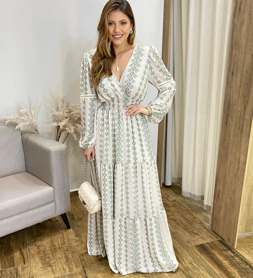 Vestido Longo Bella sem Bojo Manga Longa Estampado de Verde - Fernanda Ramos Store