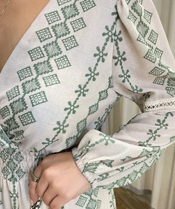 Vestido Longo Bella sem Bojo Manga Longa Estampado de Verde - Fernanda Ramos Store