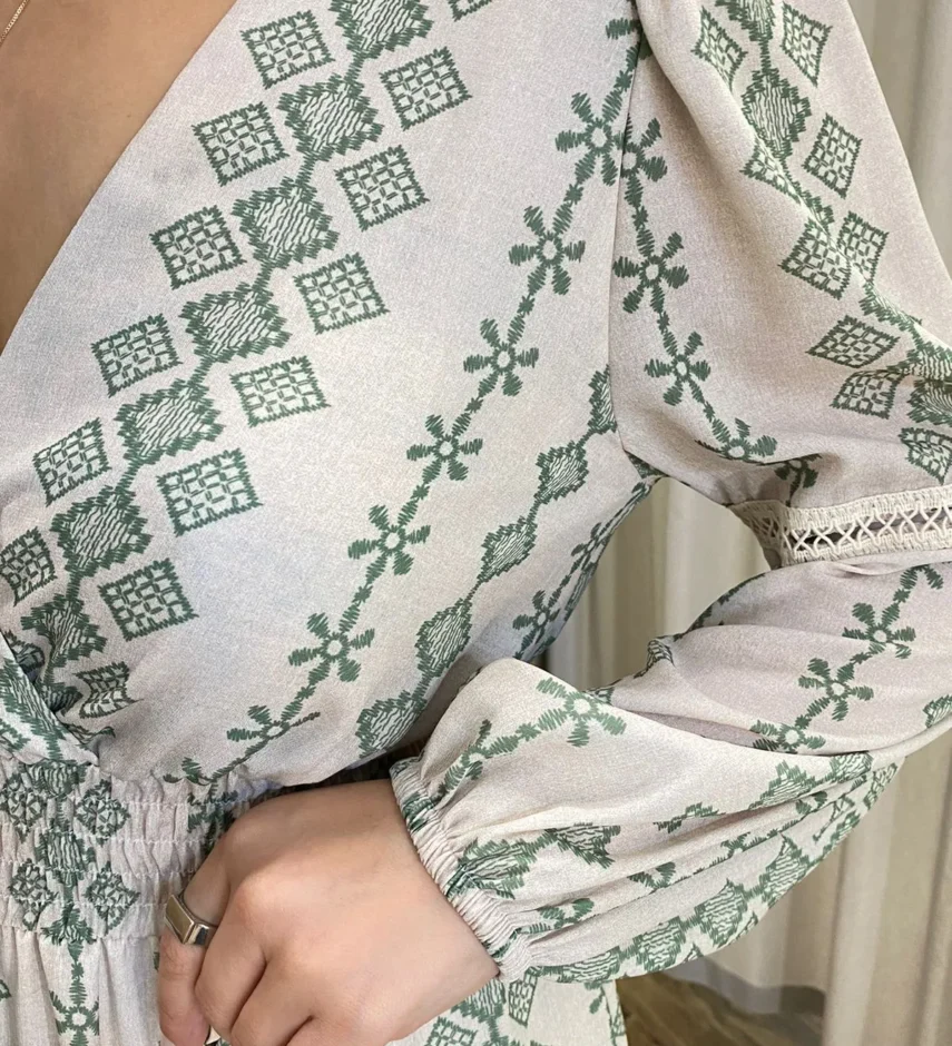 Vestido Longo Bella sem Bojo Manga Longa Estampado de Verde - Fernanda Ramos Store