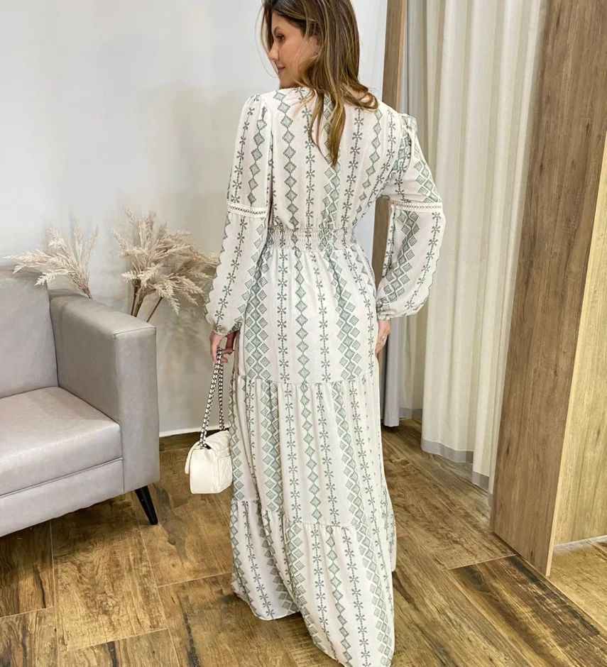 Vestido Longo Bella sem Bojo Manga Longa Estampado de Verde - Fernanda Ramos Store