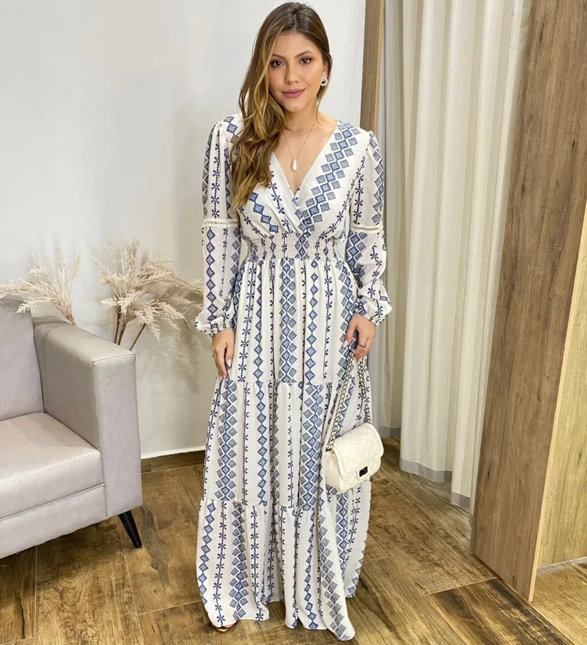 Vestido Longo Bella sem Bojo Manga Longa Estampado de Azul - Fernanda Ramos Store