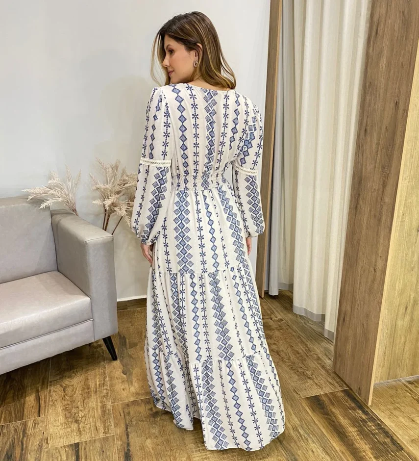 Vestido Longo Bella sem Bojo Manga Longa Estampado de Azul - Fernanda Ramos Store
