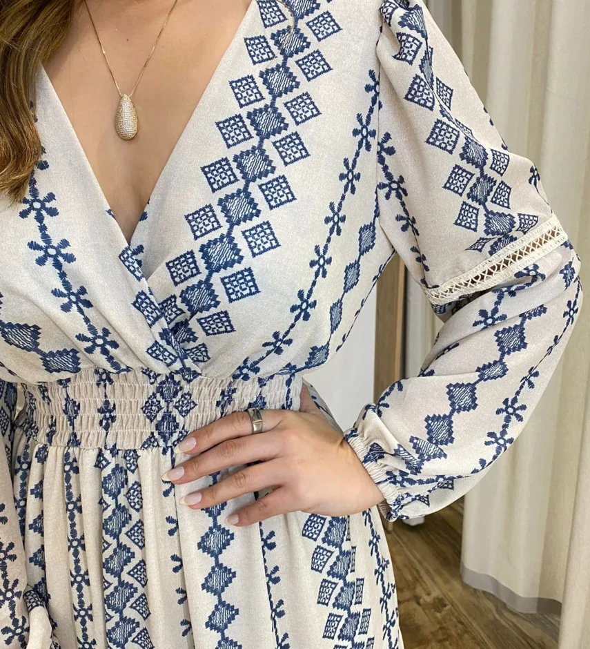 Vestido Longo Bella sem Bojo Manga Longa Estampado de Azul - Fernanda Ramos Store