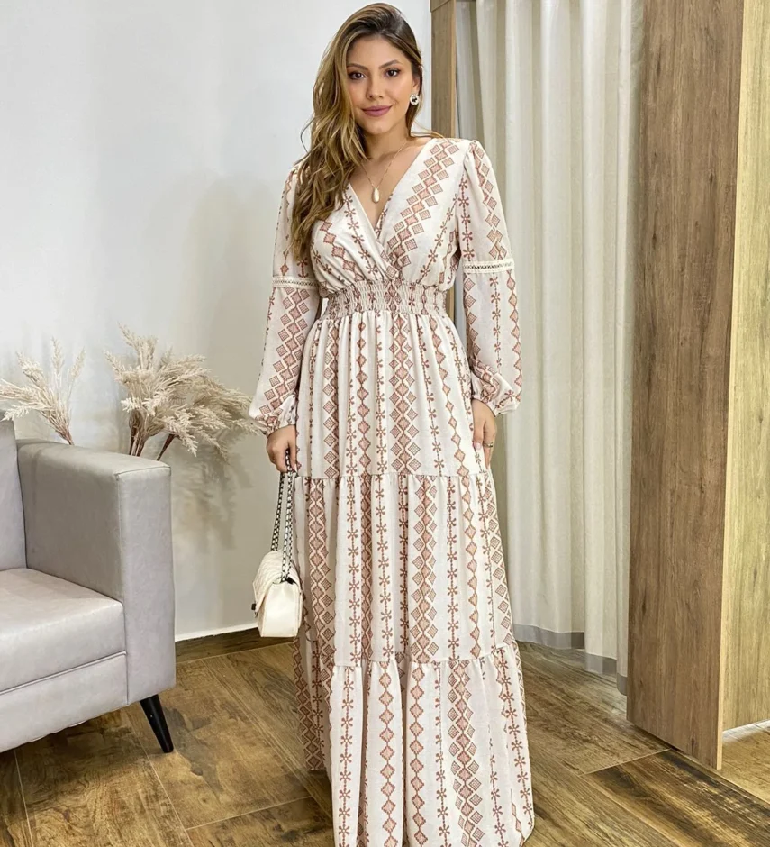 Vestido Longo Bella sem Bojo Manga Longa Estampado de Marrom - Fernanda Ramos Store