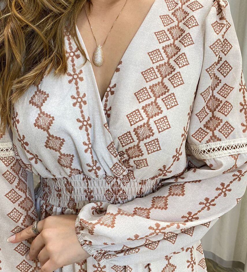 Vestido Longo Bella sem Bojo Manga Longa Estampado de Marrom - Fernanda Ramos Store