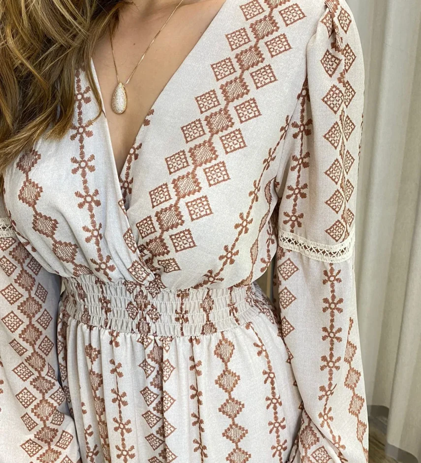 Vestido Longo Bella sem Bojo Manga Longa Estampado de Marrom - Fernanda Ramos Store