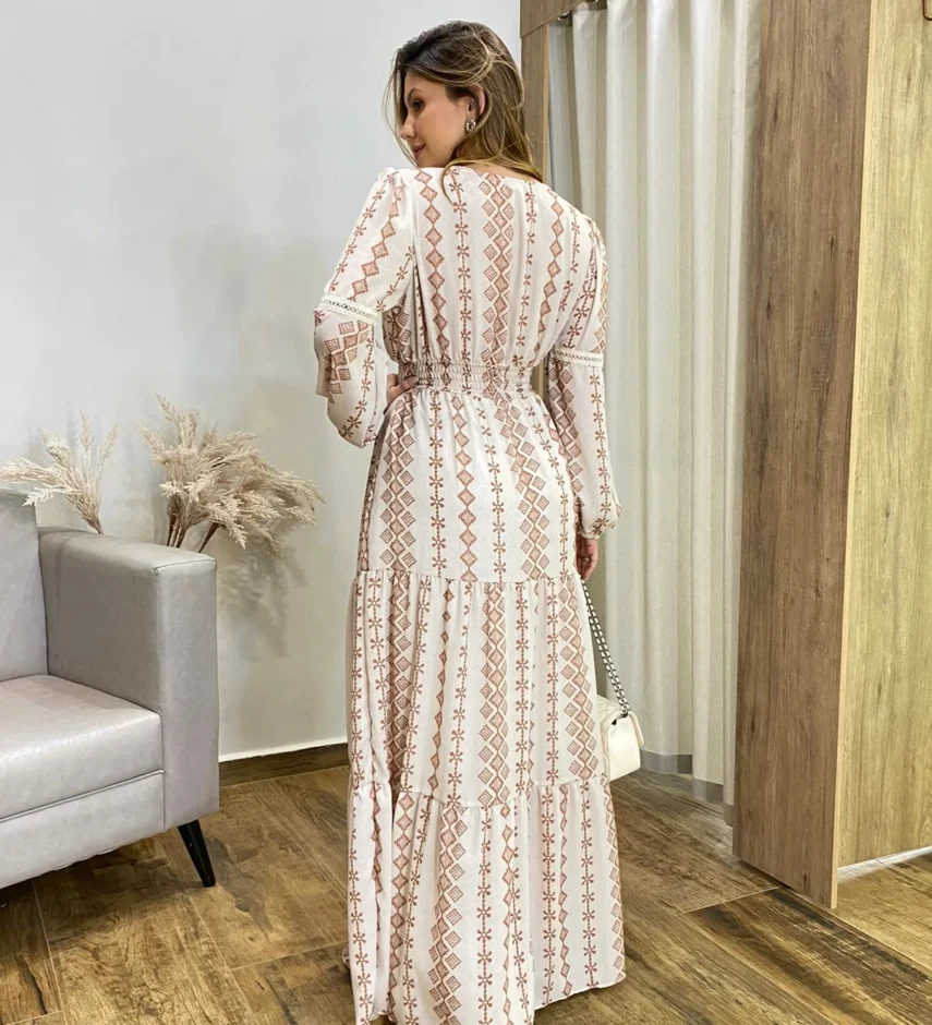 Vestido Longo Bella sem Bojo Manga Longa Estampado de Marrom - Fernanda Ramos Store