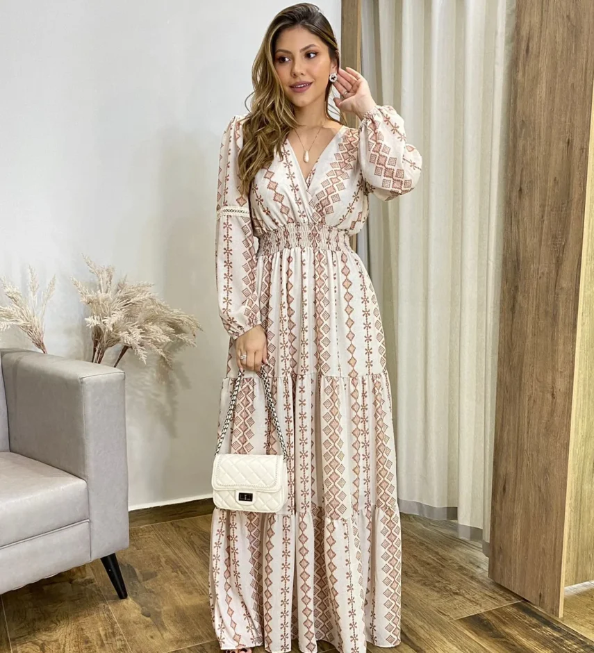 Vestido Longo Bella sem Bojo Manga Longa Estampado de Marrom - Fernanda Ramos Store