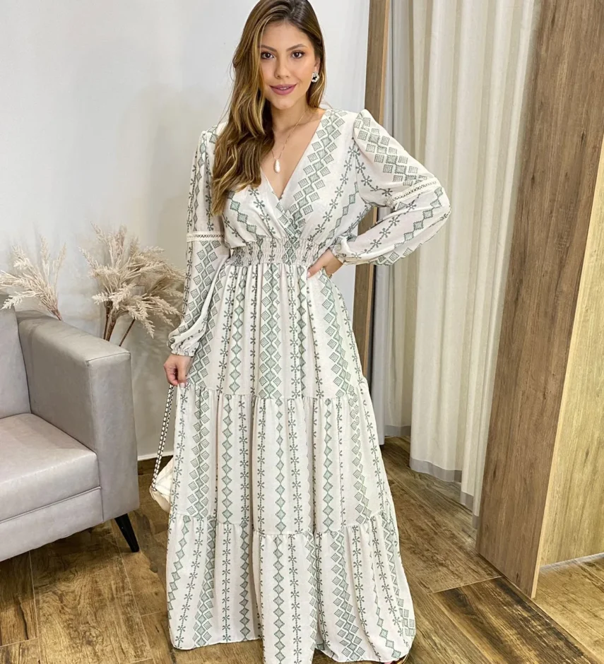 Vestido Longo Bella sem Bojo Manga Longa Estampado de Verde - Fernanda Ramos Store
