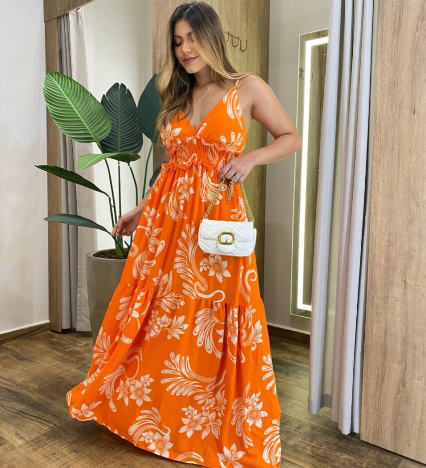 Vestido Longo com Bojo e Lastex Alça Regulável Estampado Laranja - Fernanda Ramos Store