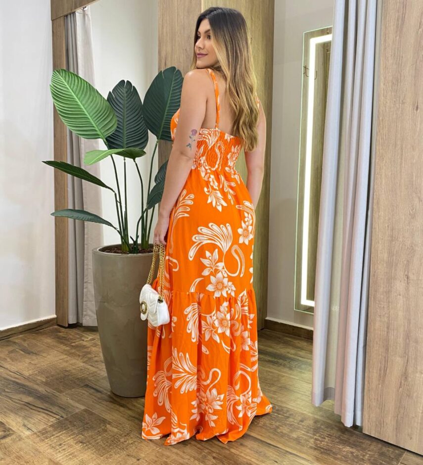 Vestido Longo com Bojo e Lastex Alça Regulável Estampado Laranja - Fernanda Ramos Store