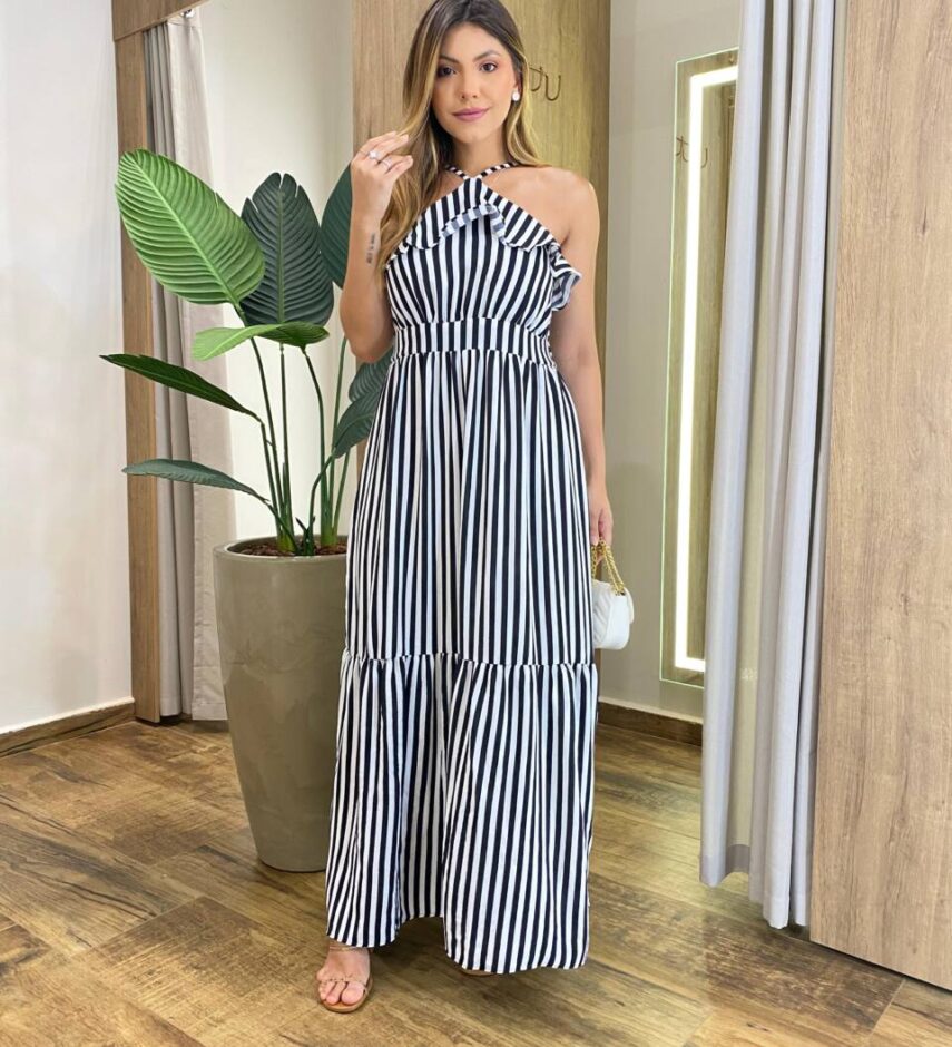 Vestido Longo Ingrid com Bojo Detalhe em Babado Listrado Preto - Fernanda Ramos Store
