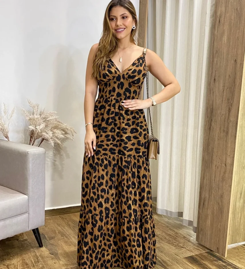 Vestido Longo Malu com Bojo Viscolinho Animal Print - Fernanda Ramos Store