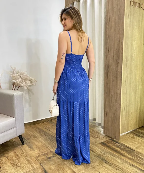 Vestido Longo Malu com Bojo Viscolinho Poá Azul - Fernanda Ramos Store