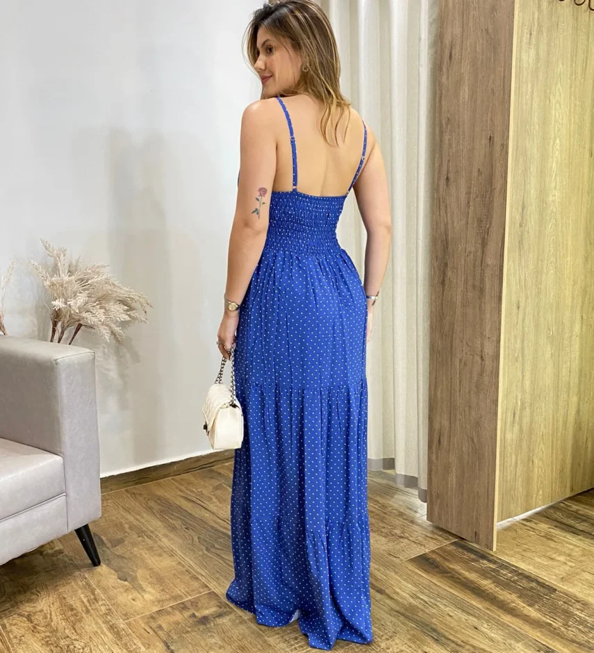 Vestido Longo Malu com Bojo Viscolinho Poá Azul - Fernanda Ramos Store
