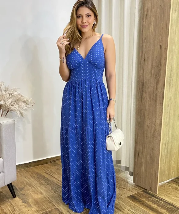 Vestido Longo Malu com Bojo Viscolinho Poá Azul - Fernanda Ramos Store