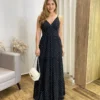 Vestido Longo Malu com Bojo Viscolinho Poá Preto - Fernanda Ramos Store