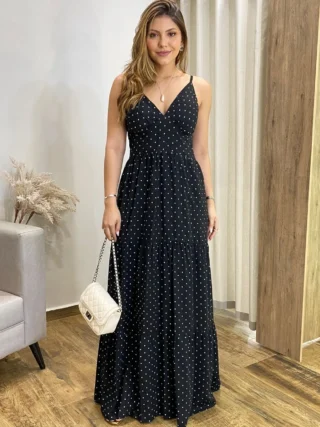 Vestido Longo Malu com Bojo Viscolinho Poá Preto - Fernanda Ramos Store