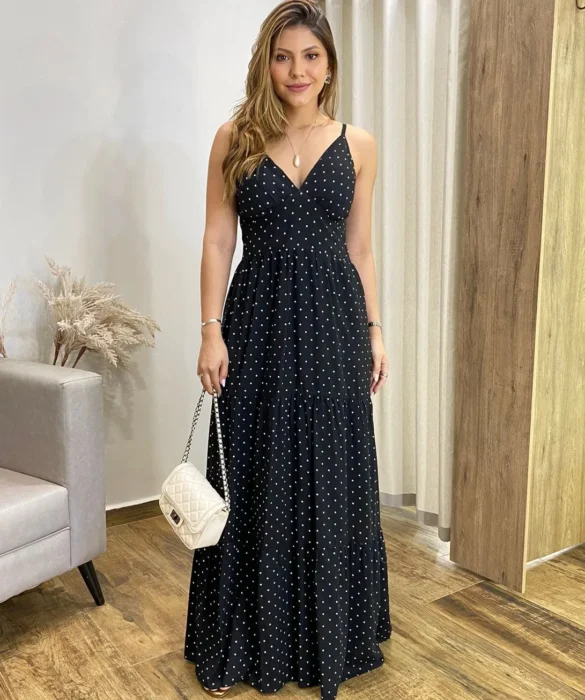 Vestido Longo Malu com Bojo Viscolinho Poá Preto - Fernanda Ramos Store